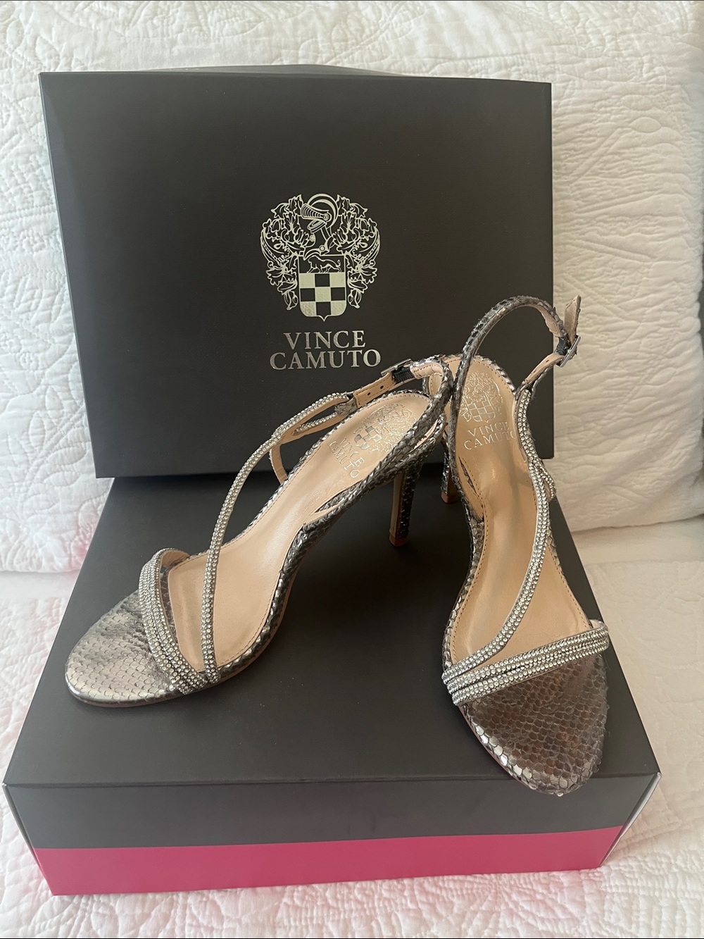 Vince Camuto Silver Metallic Snake-Print Crystal Strappy Heels